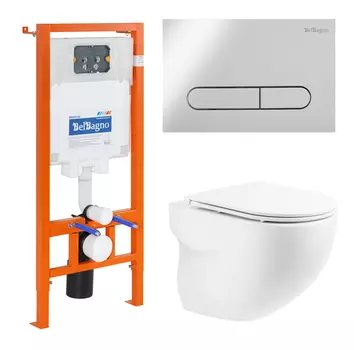 Комплект подвесного унитаза с инсталляцией BelBagno Onda BB066CHR/BB870SC/BB002-80/BB005-PR-CHROME безободковый, с микролифтом, белый, кнопка хром