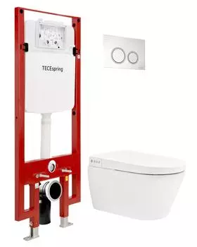 Комплект подвесной унитаз-биде Tece TeceSpring S955799 + застенный модуль с панелью смыва хром