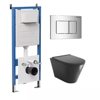 Комплект Унитаз подвесной с инсталляцией Grossman Classic 97.4477BMS.04.10M безободковый, черный матовый + Кнопка смыва хром глянцевый