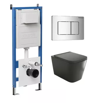 Комплект Унитаз подвесной с инсталляцией Grossman Classic 97.4441BMS.04.10M безободковый, черный матовый + Кнопка смыва хром глянцевый