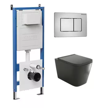 Комплект Унитаз подвесной с инсталляцией Grossman Classic 97.4441BMS.04.12M безободковый, черный матовый + Кнопка смыва хром сатиновый