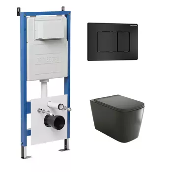 Комплект Унитаз подвесной с инсталляцией Grossman Classic 97.4441BMS.04.21M безободковый, черный матовый + Кнопка смыва черная матовая