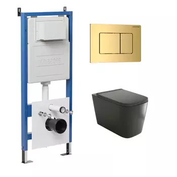 Комплект Унитаз подвесной с инсталляцией Grossman Classic 97.4441BMS.04.30M безободковый, черный матовый + Кнопка смыва золото глянцевое