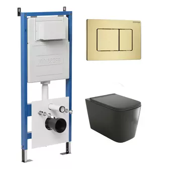 Комплект Унитаз подвесной с инсталляцией Grossman Classic 97.4441BMS.04.32M безободковый, черный матовый + Кнопка смыва золото сатиновое