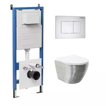 Комплект Унитаз подвесной с инсталляцией Grossman Classic 97.4455SWS.04.01M безободковый, серебро+ Кнопка смыва белая матовая