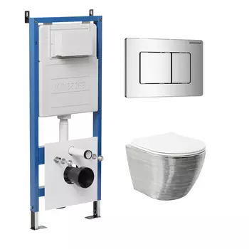 Комплект Унитаз подвесной с инсталляцией Grossman Classic 97.4455SWS.04.10M безободковый, серебро+ Кнопка смыва хром глянцевый