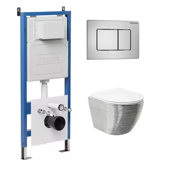 Комплект Унитаз подвесной с инсталляцией Grossman Classic 97.4455SWS.04.12M безободковый, серебро+ Кнопка смыва хром сатиновый