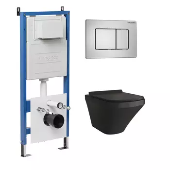 Комплект Унитаз подвесной с инсталляцией Grossman Classic 97.4440BMS.04.12M безободковый, черный матовый+ Кнопка смыва хром сатиновый