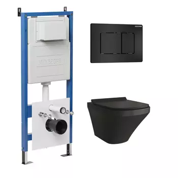 Комплект Унитаз подвесной с инсталляцией Grossman Classic 97.4440BMS.04.21M безободковый, черный матовый+ Кнопка смыва черная матовая