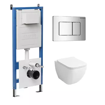 Комплект Унитаз подвесной с инсталляцией Grossman Classic 97.4447S.04.10M безободковый, белый+ Кнопка смыва хром глянцевый