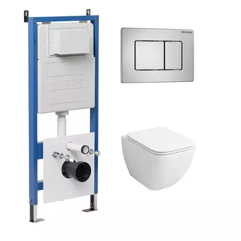 Комплект Унитаз подвесной с инсталляцией Grossman Classic 97.4447S.04.12M безободковый, белый+ Кнопка смыва хром сатиновый