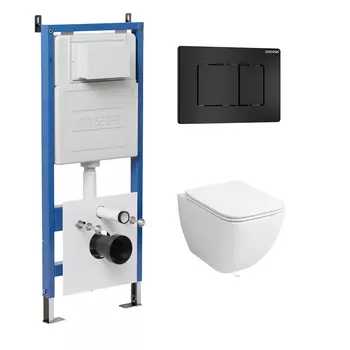 Комплект Унитаз подвесной с инсталляцией Grossman Classic 97.4447S.04.21M безободковый, белый+ Кнопка смыва черная матовая