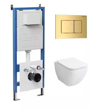 Комплект Унитаз подвесной с инсталляцией Grossman Classic 97.4447S.04.30M безободковый, белый+ Кнопка смыва золото глянцевое