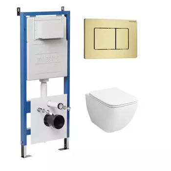 Комплект Унитаз подвесной с инсталляцией Grossman Classic 97.4447S.04.32M безободковый, белый+ Кнопка смыва золото сатиновое