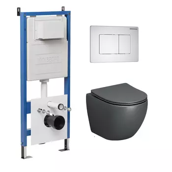 Комплект Унитаз подвесной с инсталляцией Grossman Classic 97.4455GMS.04.01M безободковый, серый матовый+ Кнопка смыва белая матовая