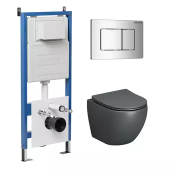 Комплект Унитаз подвесной с инсталляцией Grossman Classic 97.4455GMS.04.10M безободковый, серый матовый+ Кнопка смыва хром глянцевый