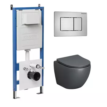 Комплект Унитаз подвесной с инсталляцией Grossman Classic 97.4455GMS.04.12M безободковый, серый матовый+ Кнопка смыва хром сатиновый