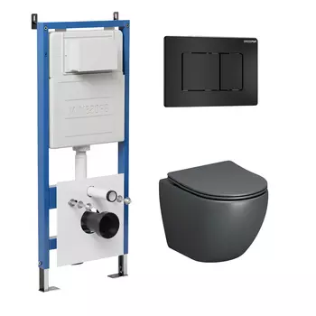 Комплект Унитаз подвесной с инсталляцией Grossman Classic 97.4455GMS.04.21M безободковый, серый матовый+ Кнопка смыва черная матовая