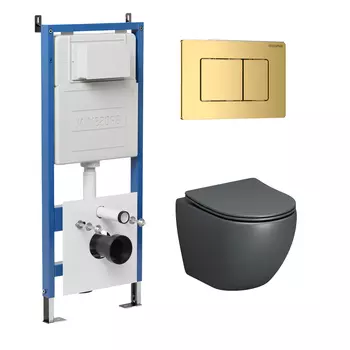 Комплект Унитаз подвесной с инсталляцией Grossman Classic 97.4455GMS.04.30M безободковый, серый матовый+ Кнопка смыва золото глянцевое