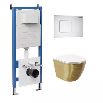 Комплект Унитаз подвесной с инсталляцией Grossman Classic 97.4455GWS.04.01M безободковый, золото+ Кнопка смыва белая матовая