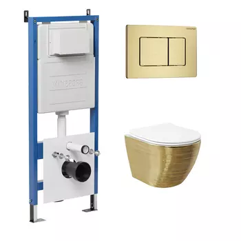 Комплект Унитаз подвесной с инсталляцией Grossman Classic 97.4455GWS.04.32M безободковый, золото+ Кнопка смыва золото сатиновое
