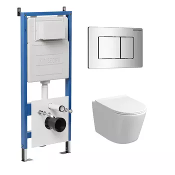 Комплект Унитаз подвесной с инсталляцией Grossman Classic 97.4477SQ.04.10M безободковый, белый+ Кнопка смыва хром глянцевый