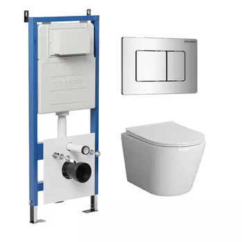 Комплект Унитаз подвесной с инсталляцией Grossman Classic 97.4478SQ.04.10M безободковый, белый+ Кнопка смыва хром глянцевый