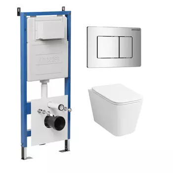 Комплект Унитаз подвесной с инсталляцией Grossman Classic 97.4479SQ.04.10M безободковый, белый+ Кнопка смыва хром глянцевый