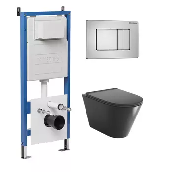 Комплект Унитаз подвесной с инсталляцией Grossman Classic 97.4477BMSQ.04.12M безободковый, черный матовый + Кнопка смыва хром сатиновый