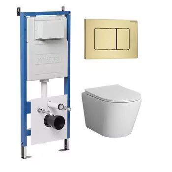 Комплект Унитаз подвесной с инсталляцией Grossman Classic 97.4478S.04.32M безободковый, белый + Кнопка смыва золото сатиновое