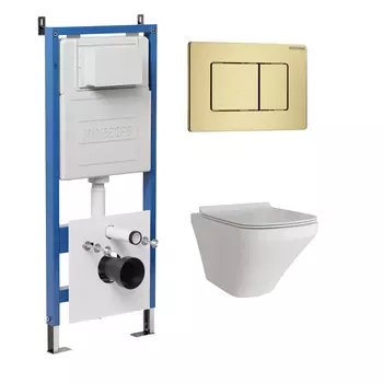 Комплект Унитаз подвесной с инсталляцией Grossman Classic 97.4440S.04.32M безободковый, белый + Кнопка смыва золото сатиновое