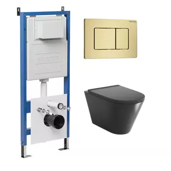 Комплект Унитаз подвесной с инсталляцией Grossman Classic 97.4477BMS.04.32M безободковый, черный матовый + Кнопка смыва золото сатиновое
