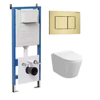 Комплект Унитаз подвесной с инсталляцией Grossman Classic 97.4477S.04.32M безободковый, белый+ Кнопка смыва золото сатиновое