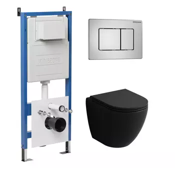 Комплект Унитаз подвесной с инсталляцией Grossman Classic 97.4455BMSQ.04.12M безободковый, черный матовый+ Кнопка смыва хром сатиновый