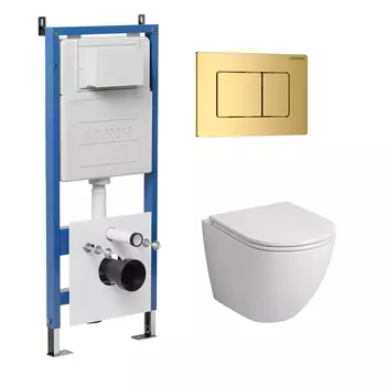 Комплект Унитаз подвесной с инсталляцией Grossman Classic 97.4455S.04.30M безободковый, белый + Кнопка смыва золото глянцевое