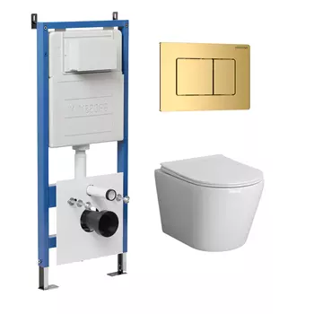 Комплект Унитаз подвесной с инсталляцией Grossman Classic 97.4478BMS.04.30M безободковый, черный матовый + Кнопка смыва золото глянцевое