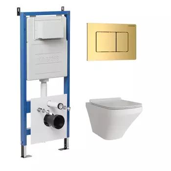 Комплект Унитаз подвесной с инсталляцией Grossman Classic 97.4440S.04.30M безободковый, белый + Кнопка смыва золото глянцевое