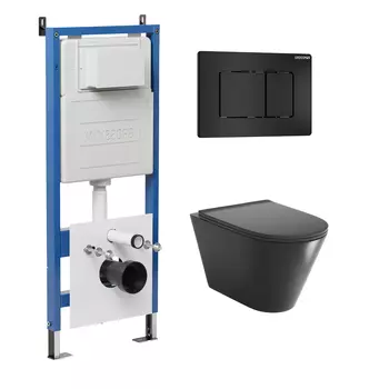 Комплект Унитаз подвесной с инсталляцией Grossman Classic 97.4477BMSQ.04.21M безободковый, черный матовый + Кнопка смыва черная матовая