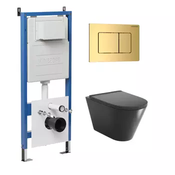 Комплект Унитаз подвесной с инсталляцией Grossman Classic 97.4477BMS.04.30M безободковый, черный матовый + Кнопка смыва золото глянцевое
