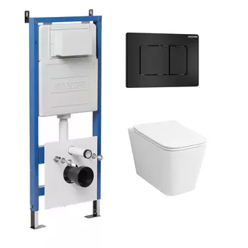 Комплект Унитаз подвесной с инсталляцией Grossman Classic 97.4441S.04.21M безободковый, белый + Кнопка смыва черная матовая