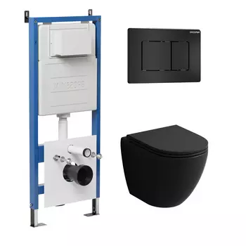 Комплект Унитаз подвесной с инсталляцией Grossman Classic 97.4455BMSQ.04.21M безободковый, черный матовый+ Кнопка смыва черная матовая