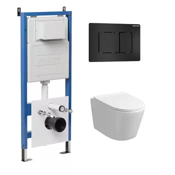 Комплект Унитаз подвесной с инсталляцией Grossman Classic 97.4477S.04.21M безободковый, белый+ Кнопка смыва черная матовая