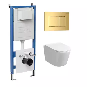 Комплект Унитаз подвесной с инсталляцией Grossman Classic 97.4477S.04.30M безободковый, белый+ Кнопка смыва золото глянцевое