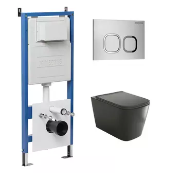 Комплект Унитаз подвесной с инсталляцией Grossman Cosmo 97.4441BMS.02.110 безободковый, черный матовый + Кнопка смыва хром матовый