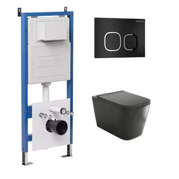 Комплект Унитаз подвесной с инсталляцией Grossman Cosmo 97.4441BMS.02.210 безободковый, черный матовый + Кнопка смыва черная матовая