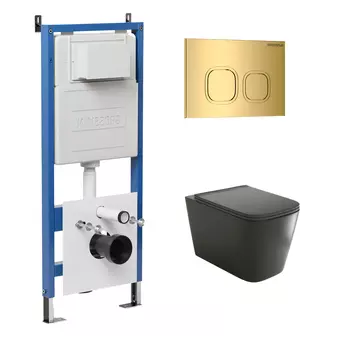Комплект Унитаз подвесной с инсталляцией Grossman Cosmo 97.4441BMS.02.300 безободковый, черный матовый + Кнопка смыва золото глянцевое