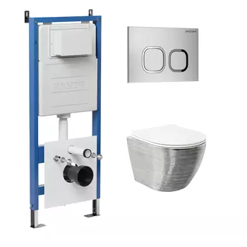 Комплект Унитаз подвесной с инсталляцией Grossman Cosmo 97.4455SWS.02.110 безободковый, серебро+ Кнопка смыва хром матовый