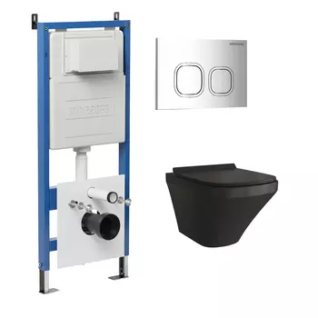 Комплект Унитаз подвесной с инсталляцией Grossman Cosmo 97.4440BMS.02.100 безободковый, черный матовый+ Кнопка смыва хром глянцевый