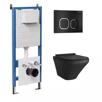 Комплект Унитаз подвесной с инсталляцией Grossman Cosmo 97.4440BMS.02.210 безободковый, черный матовый+ Кнопка смыва черная матовая