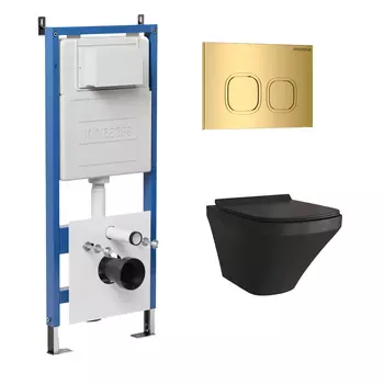 Комплект Унитаз подвесной с инсталляцией Grossman Cosmo 97.4440BMS.02.300 безободковый, черный матовый+ Кнопка смыва золото глянцевое
